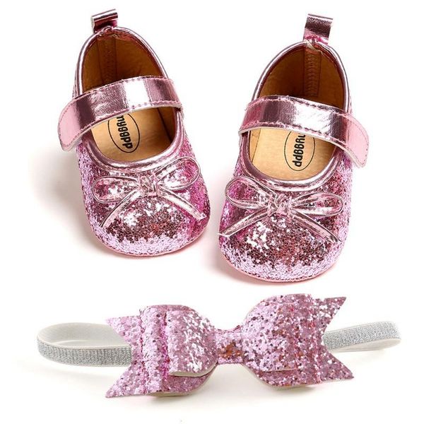 

first walkers leather toddler baby girl sets headband bow-knot soft sole non-slip bling shoes for girls