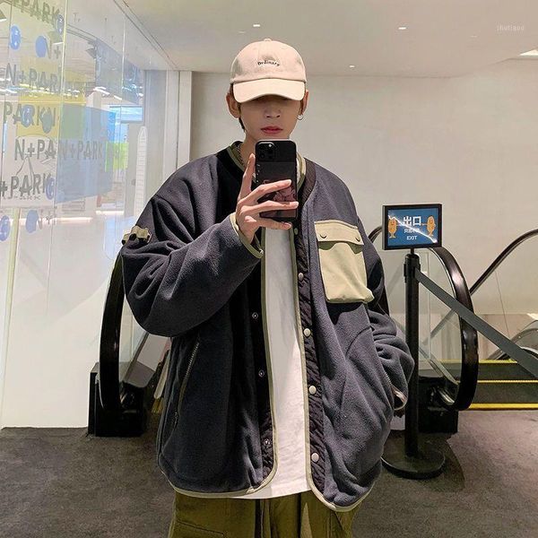 

men's jackets japan baseball uniform jacket for men loose vintage color matching polar fleece tooling women trend harajuku coats, Black;brown