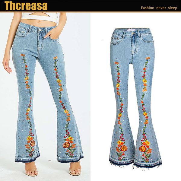 

women's fashion denim embroidery wide leg women's wear, Blue