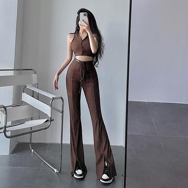 

women's two piece pants girl neck sleeveless tight short vest tank brown + high waist drawstring split suit korean women set, White