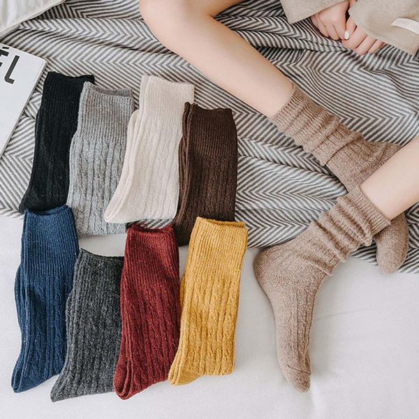 

socks & hosiery japanese korea high school girls loose solid colors double needles knitting cotton long women #p2, Black;white