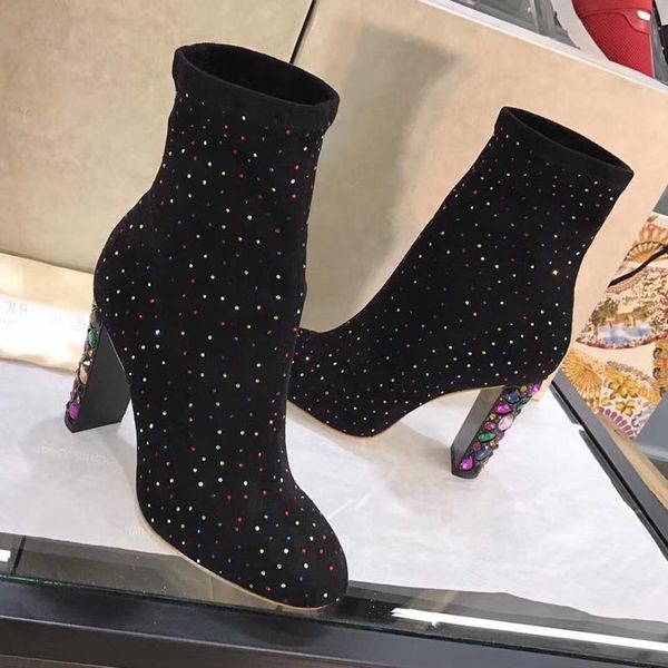 

boots rhinestone woman pointed toe shoes bling chunky high heels ankle botas mujer crystal zapatos de ins pumps, Black