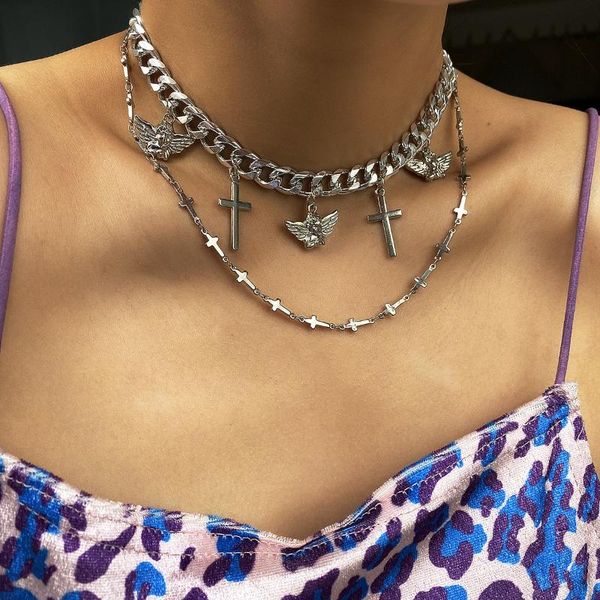 

chains multi layered curb cuban choker necklace set cross bird angel pendant chain silver necklaces women hip hop jewelry gift