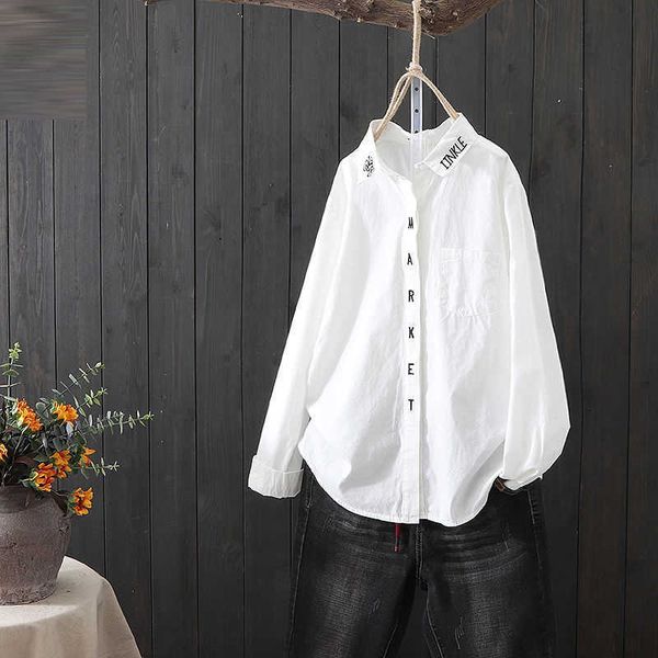 

women's blouses & shirts spring autumn arts style women long sleeve white shirt 100% cotton letter embroidery casual blo 4o75