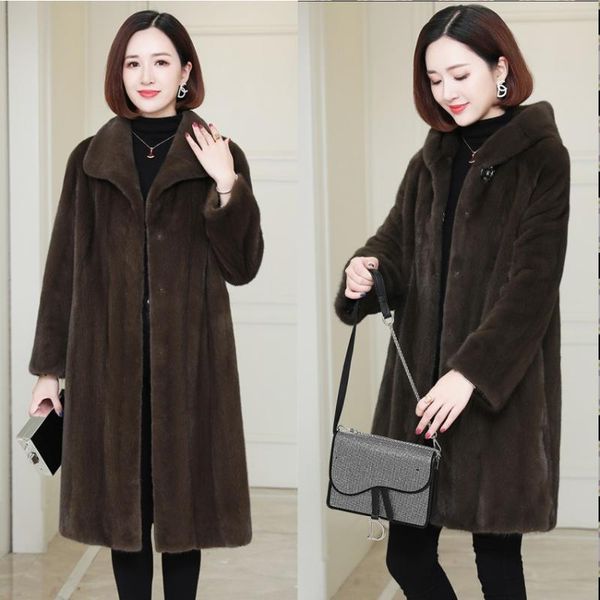 

women's fur & faux mink coat whole lapel hooded imitation long, Black