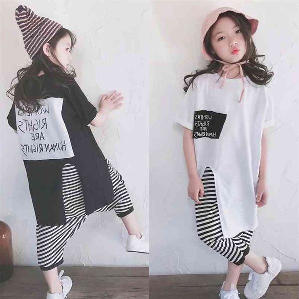 

summer girls' clothing sets letters short-sleeved t-shirt+striped casual trousers 2pcs kids clothes set shildren's 210625, White