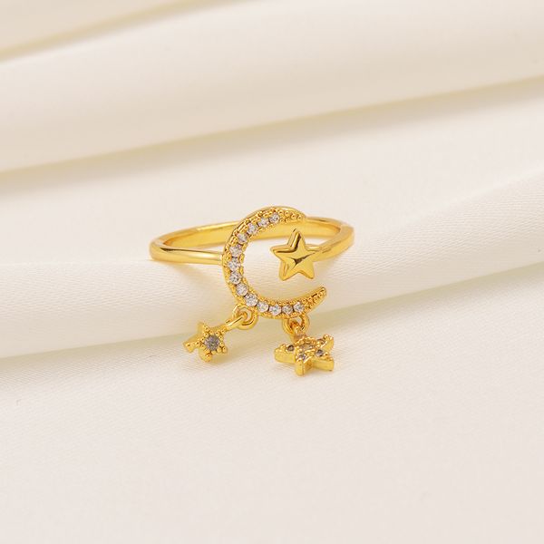 С боковыми камнями 14К прекрасный солидный золотой 18CT Thai Baht G / F Crescent Moon Star Ring Band Belestial Night Sky Vintage Triple Boddess Pentactle CZ