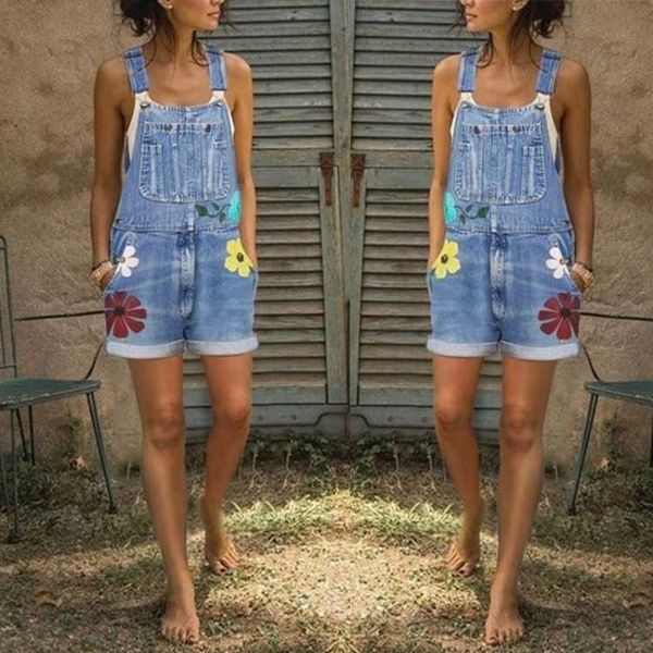 

women's summer 2021 denim suspenders printed loose and thin wash shorts, Blue