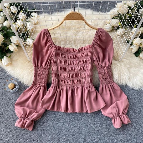 

women's blouses & shirts 2021 fashion temperament blouse square collar puff sleeve blusa stretch slim chiffon shirt df022, White