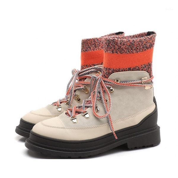 

boots 2021 women genuine leather ankle motorcycle thick heel platform shoes woman lace-up round toe knitted1, Black