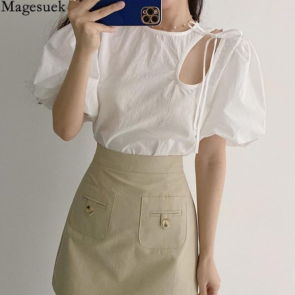 

women's blouses & shirts 2021 summer hollow cotton blouse women chic bow puff short sleeve loose fashion solid casual woman shirt blus, White