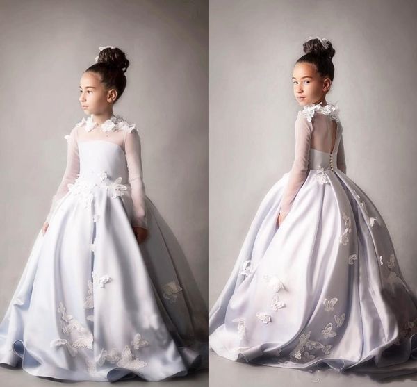 

lovely butterfly 2021 flower girls dresses for wedding jewel neck long illusion sleeves ball gown organza little girl first communion dress, White;blue