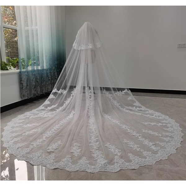 

bridal veils lace wedding veil with comb double layers ivory white tulle for brides 2t appliques cathedral long 5 metres elegant, Black