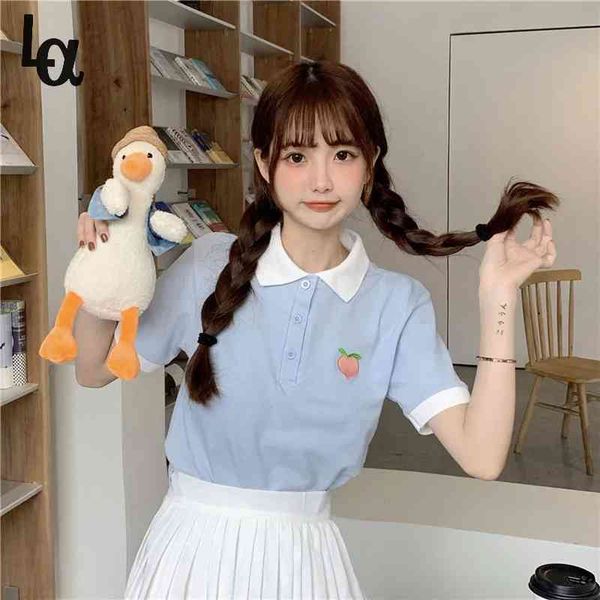 

summer women turn down collar cotton pink white botton blouse femal cartoons short sleeve crop female cute shirts 210519