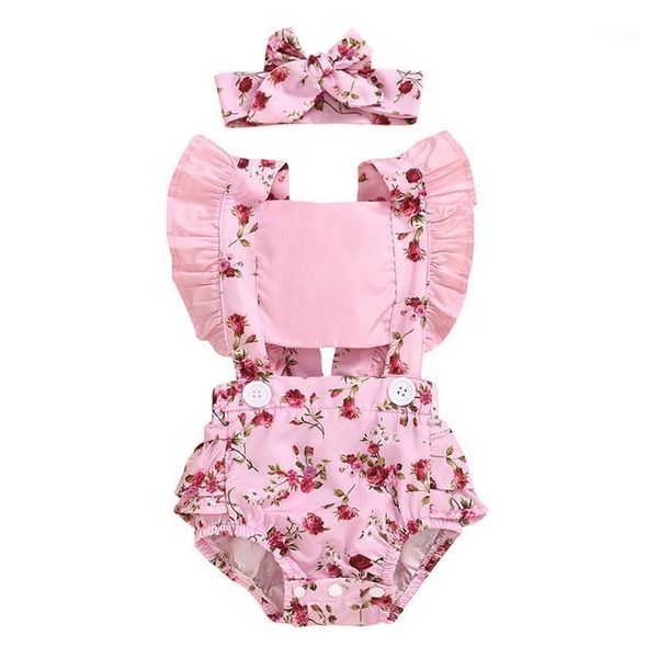 

rompers toddler outfit infant clothes born baby girls floral flowers romper bodysuit hairband casual clothing set, Blue