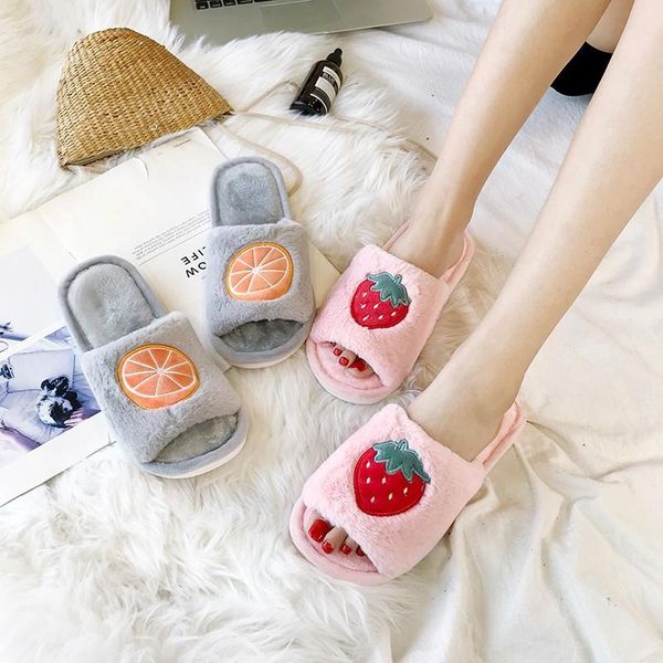 

slippers women lovely fruit design fur winter home soft shoes ladies korean strawberry warm slip on flats female pink plus 36-41, Black