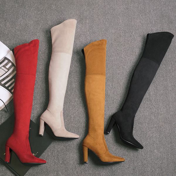 

boots plus size women elastic upper shoes chunky heel over knee boot colourful fashion booties poited toes z397, Black