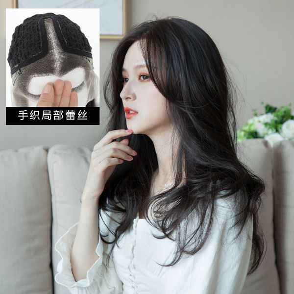 

middle part curl wig front lace traceless korean female clavicle short hairstyle medium long full headgear, Black