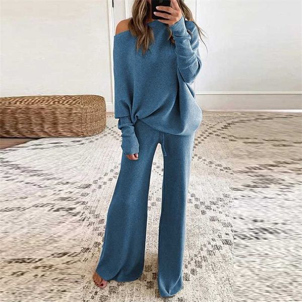 

winter elegant o-neck pullover and loose pants suits female rib streetwear casual women solid color two piece sets 211109, White