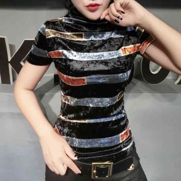 

women's t-shirt spring summer european clothes turtleneck pleuche print stripe t-shirt women ropa mujer bottoming shirt tee t, White