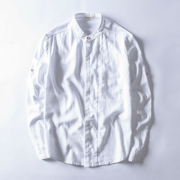 

men's t-shirts autumn linen solid long-sleeved shirt mens trend japanese style stand collar white men shirts m-4xl chemise camisa uml9, White;black