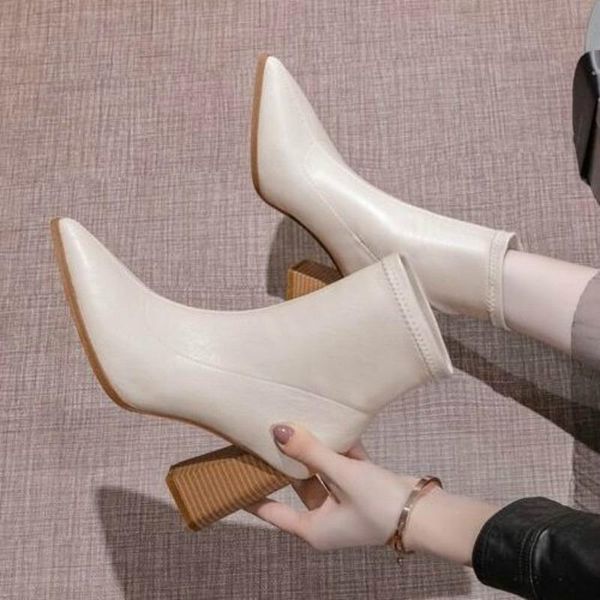 

boots white short women's thick heel spring and autumn single 2021 pointed high heels nude mid-heel, Black