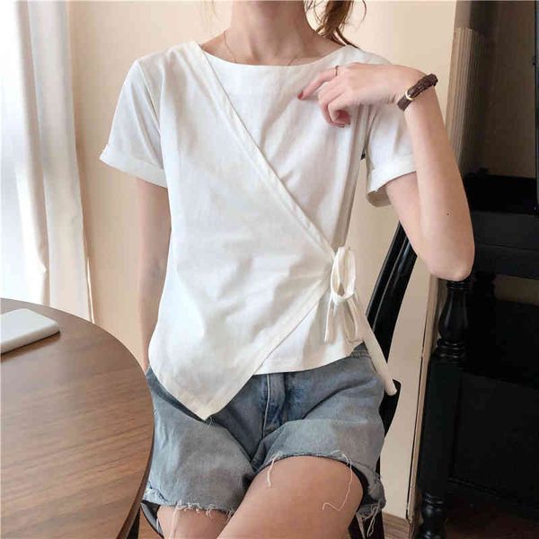 

summer o neck irregular strap solid casual woman tshirts 210421, White