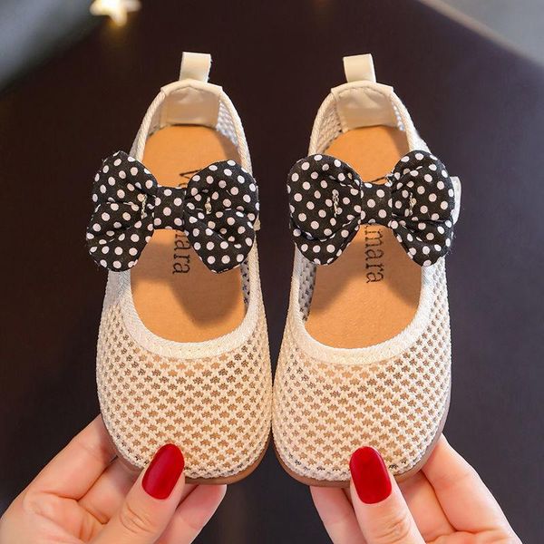 

sandals girls' hollow 2021 summer korean bowknot soft bottom mesh breathable princ shoes, Black;red