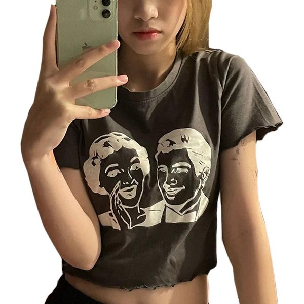 

women's t-shirt y2k aesthetic gothic harajuku hip hop graphic print short sleeve t shirt women crop summer slim fit cotton black te, White
