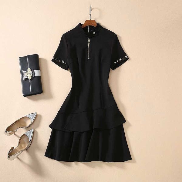 

fashion runway dress women's short sleeve cascading ruffle 210526, Black;gray