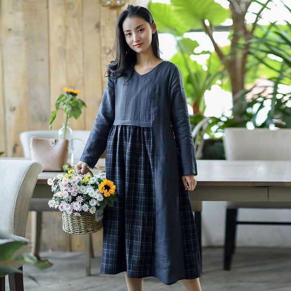 

johnature women ramie vintage dresses patchwork plaid robes spring v-neck long sleeve loose a-line women casual dresses 210521, Black;gray