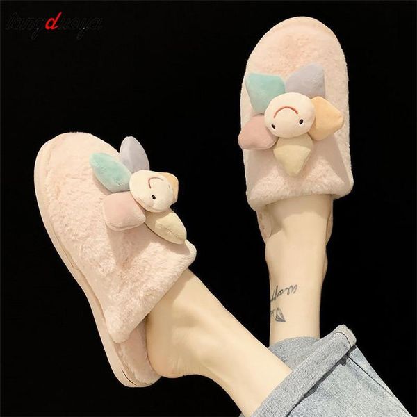 

flower slippers women winter cute slides couple house warm non-slip zapatos de mujer, Black