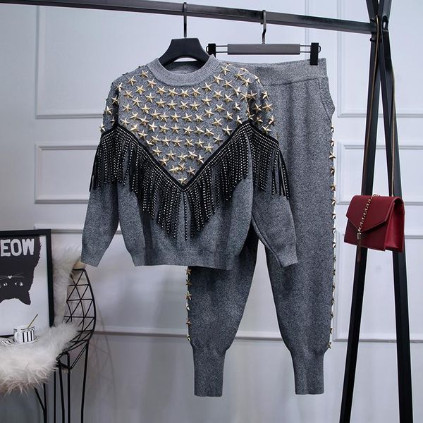 

stylish 2021 runway suit set women's o-neck long sleeve diamonds beaded tassel knitting sweater pants two piece, White