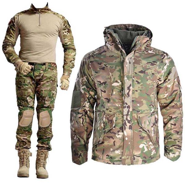 Мужчины на открытом воздухе тактическая куртка + брюки + рубашки с колодками Охотничьи пальто с капюшоном боевая униформа военные тактические страйкбольные пейнтбольные костюмы X0909