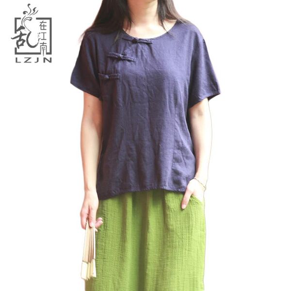 

women's blouses & shirts lzjn short sleeve cotton linen blouse 2021 summer o-neck chinese style vintage cheongsam female shirt, White