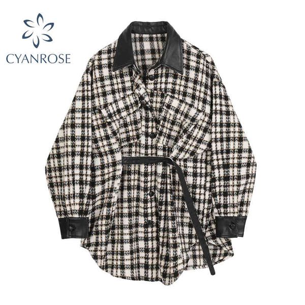 

plaid jacket women long sleeve single breasted fashion streetwear turn down female causal loose winter outwear with belt 210417, Black;brown