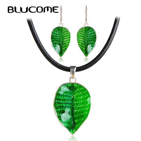 

earrings & necklace blucome fashion green leaves jewelry sets women lady party wedding enamel set black rope chain pendant brincos, Silver