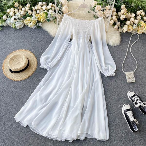 

casual dresses white dress elegant fairy chiffon off shoulder maxi long sleeve beach women boho autumn clothes vintage, Black;gray