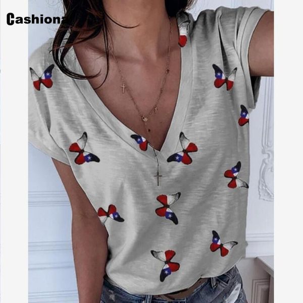 

women's t-shirt 2021 plus size 4xl 5xl women leisure tshirts fashion color butterfly print summer casual v-neck girl cute loose tees s, White