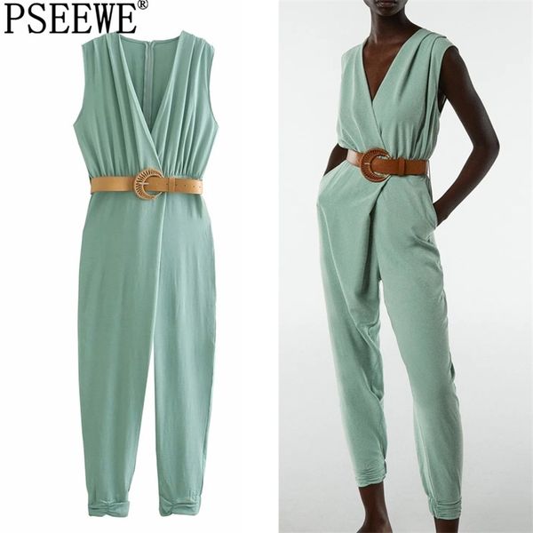 Green Long Feminino Jumpsuit Verão Moda Cinto Sem Mangas Envoltório Elegante Mulher Jumpsuits Ruched Macacões Mulheres 210519