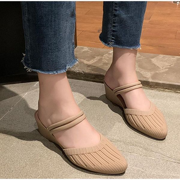 

summer women sandals pointed toe woman casual shoes elegant ladies wedge jelly shoe fashion female slip on two wear slipper, Black