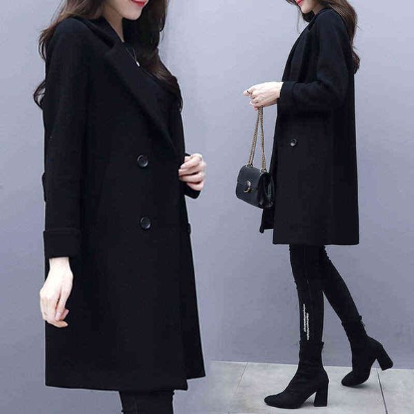 

hepburn style celebrity temperament woolen coat female autumn and winter large fat mm medium length thickened black