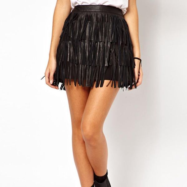 

skirts pu leather fringe bag hip skirt, Black