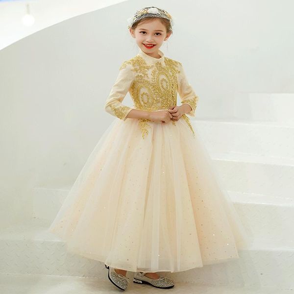 

girl's dresses flower girl high three quarter princess floor-length tulle sequined embroidery luxury champagne lace kid party gown h174, Red;yellow