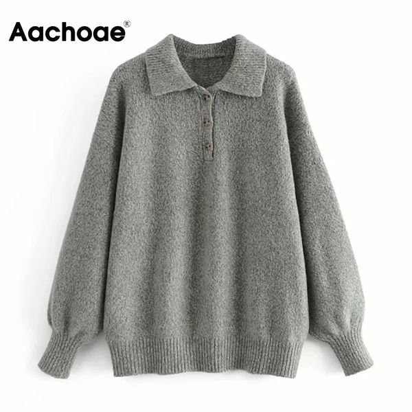 

aachoae casual loose knitted gray sweater women solid turn down collar fashion pullovers long sleeve chic jumper 210413, White;black