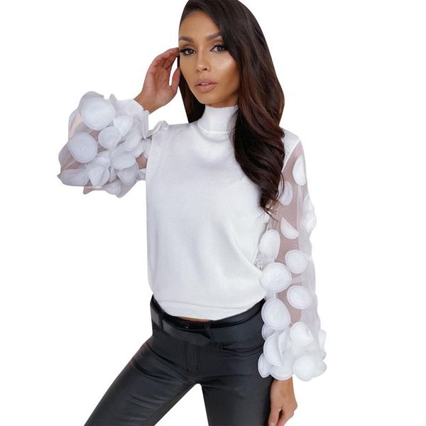 

women's blouses & shirts sheer mesh see-through blouse 2021 fashion elegant slim polka dot puff long sleeve shirt turtleneck fall, White