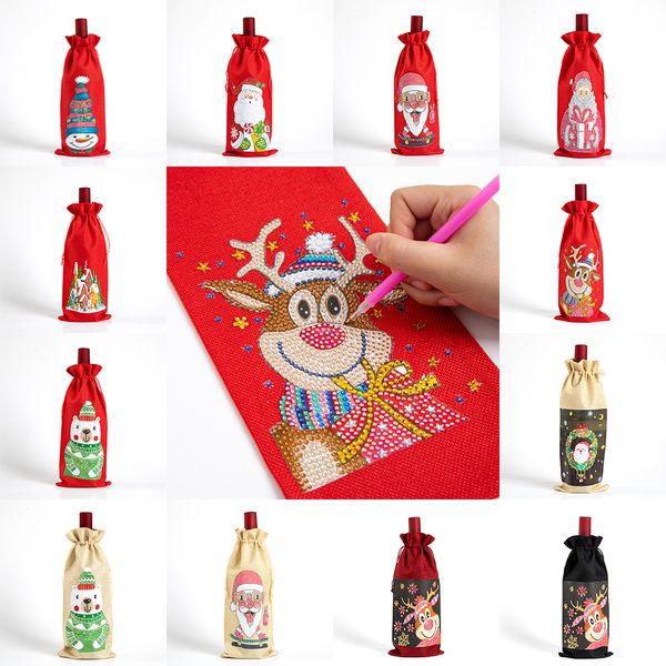 Copertura per bottiglia di vino di Natale con pittura a diamante Regalo fai da te Babbo Natale Borsa con coulisse Kit Decorazioni natalizie w-01154