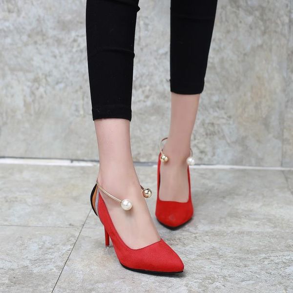 

dress shoes oversized 12 13 ladies high heels women woman pumps sweet pearl single shoe with suede and shallow mouth, Black