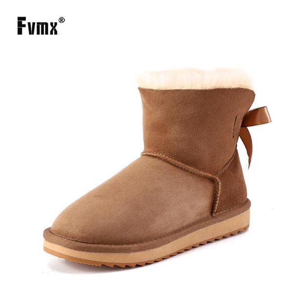 

boots fvmx sheepskin leather wwool ffur lined women suede short snow with delicate ribbon bow casual ankle winter shoes 34-44, Black