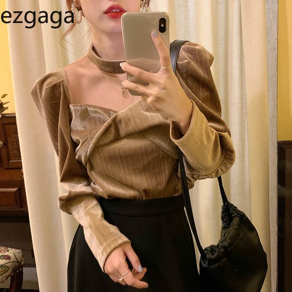 Ezgaga Französisch Stil Frauen Shirts Velour Vintage Chic Lange Puff Ärmel Quadrat Kragen Elegante Shirts Lose Mode Bluse Blusas 210430